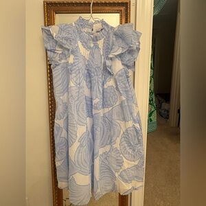 Impeccable Pig J. Marie Light Blue & White shell print Ruffle Sleeve Mini Dress